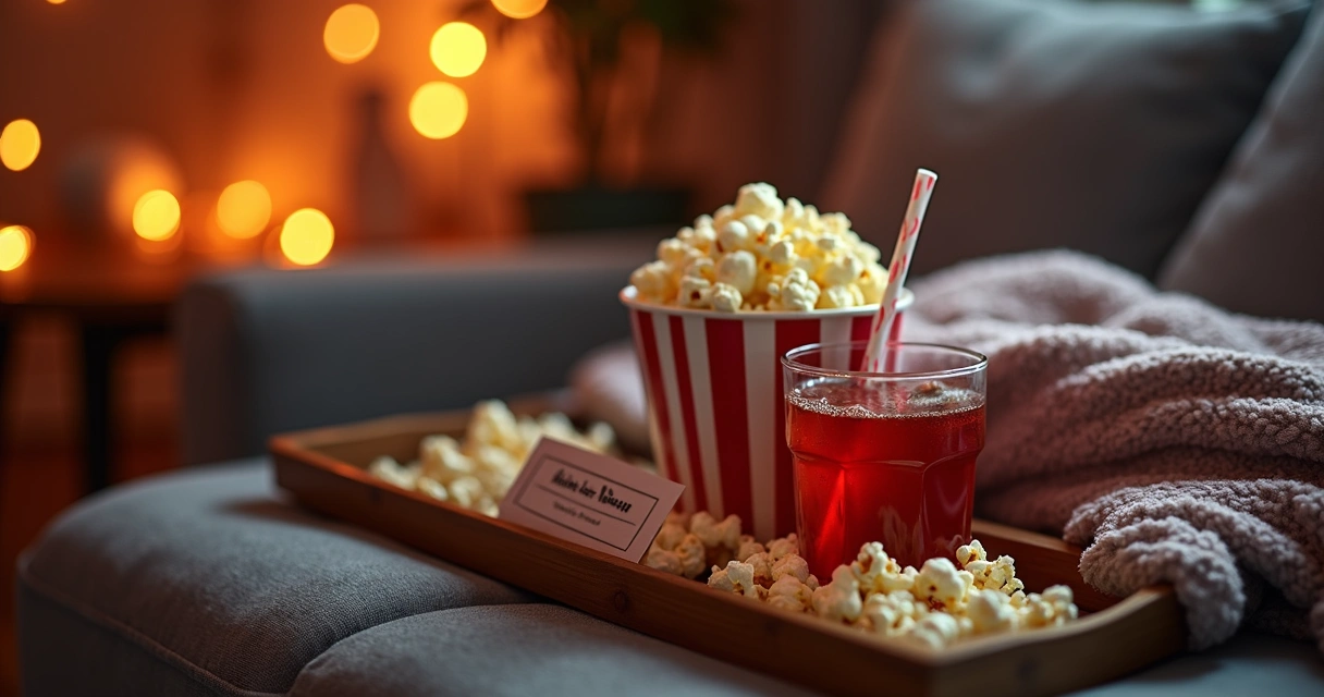 Kit de presente com pipoca, bebida e cobertor em uma bandeja 