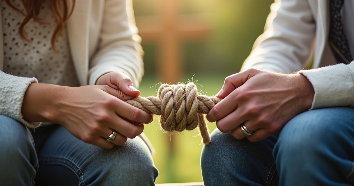 Casal de mãos dadas com uma corda tripla unindo seus pulsos 
