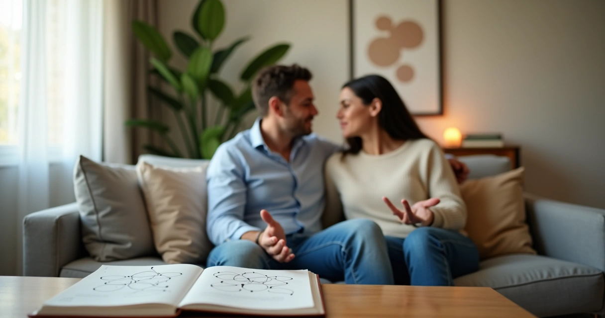 Casal sentado em sofá conversando com conexão visual e atmosfera calma 