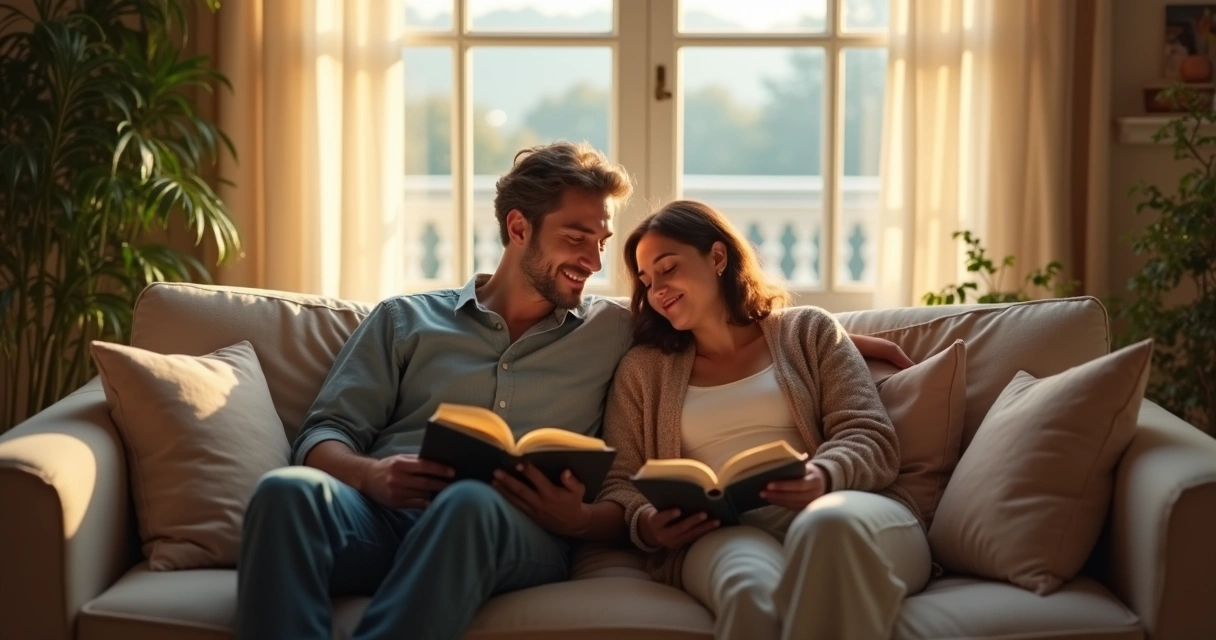 Casal relaxando em um sofá lendo livros separados 