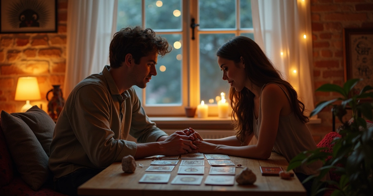 Casal de mãos dadas observando cartas de tarot 