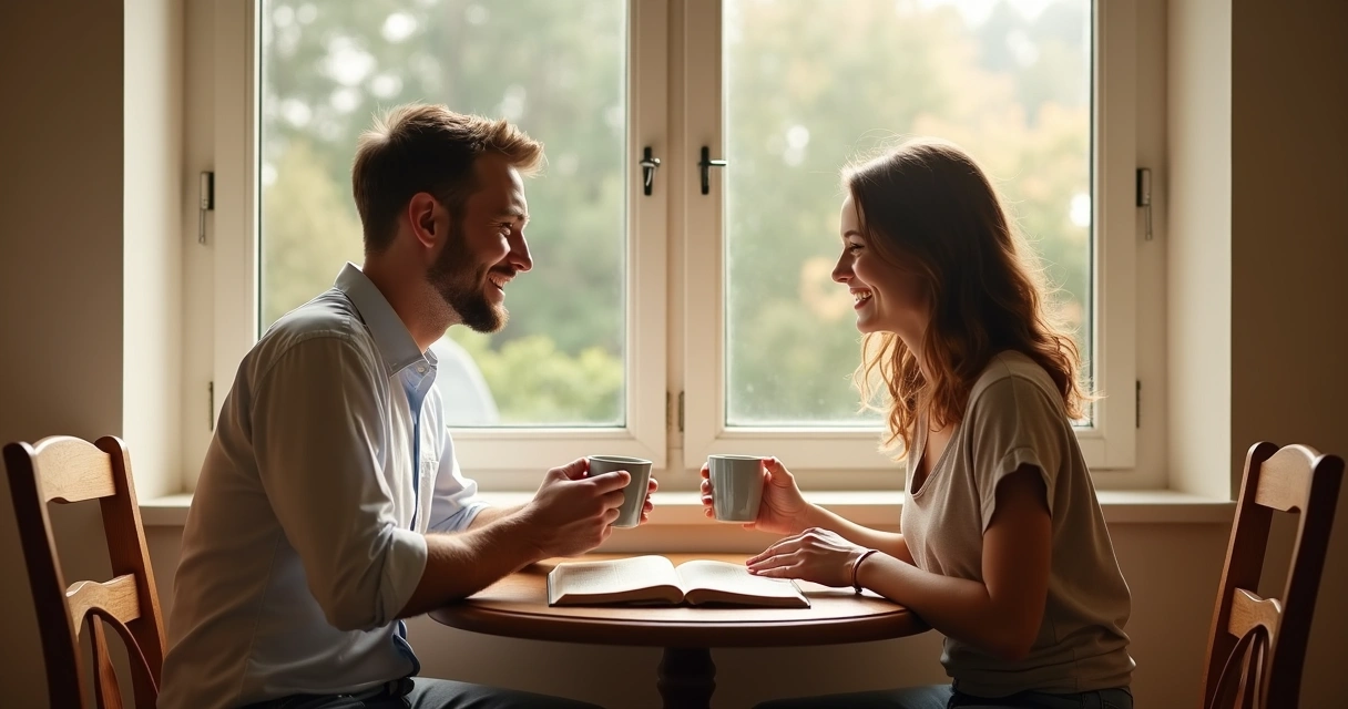Casal sentado à mesa lendo Bíblia juntos de manhã 