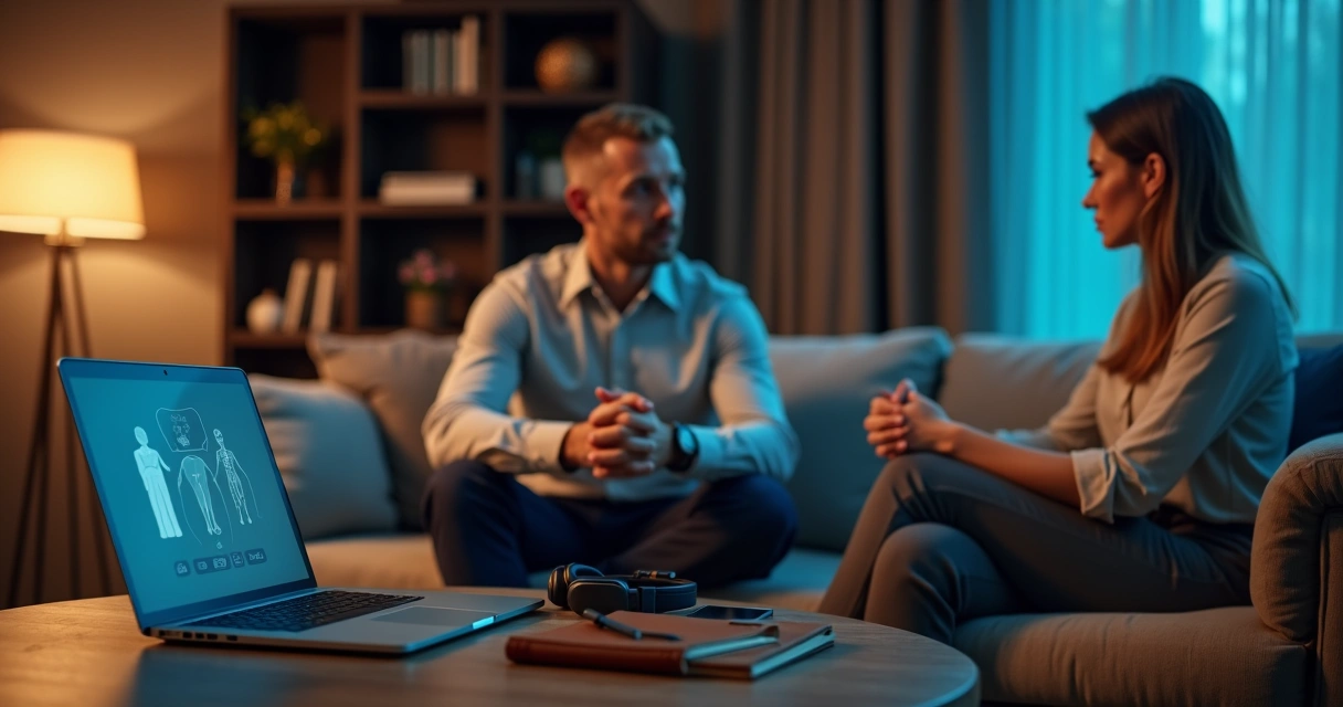 Casal sentado em sofá conversando seriamente com terapeuta através de notebook aberto sobre a mesa 