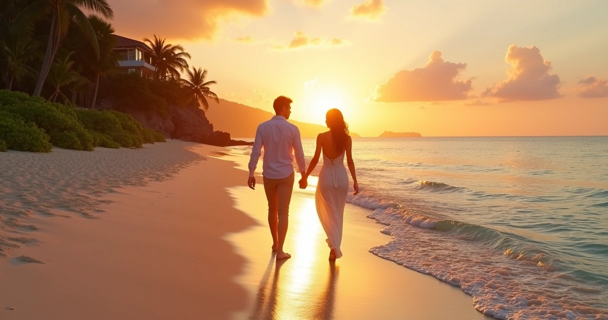 Casal em lua de mel caminhando na praia ao pôr do sol com cenário romântico e detalhado 