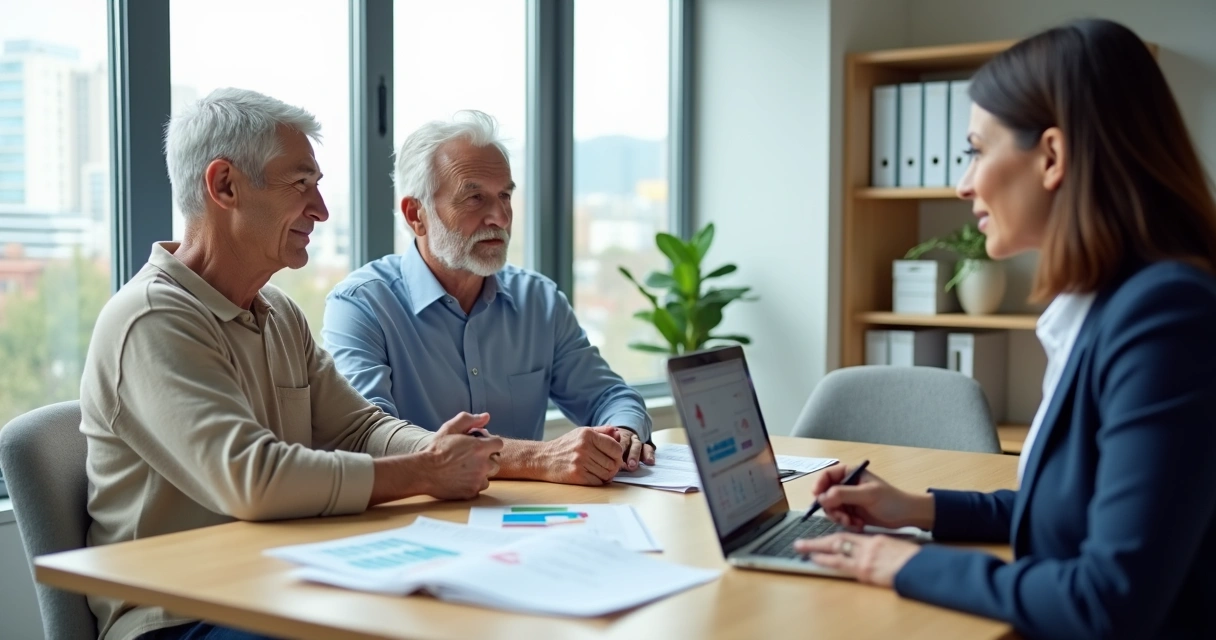 Casal maduro conversa com corretora sobre plano de saúde em ambiente de consultoria 