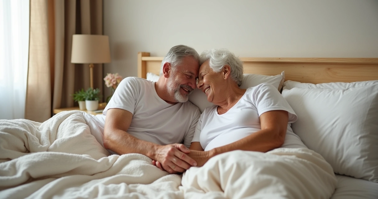 Casal maduro abraçado na cama sorrindo um para o outro 