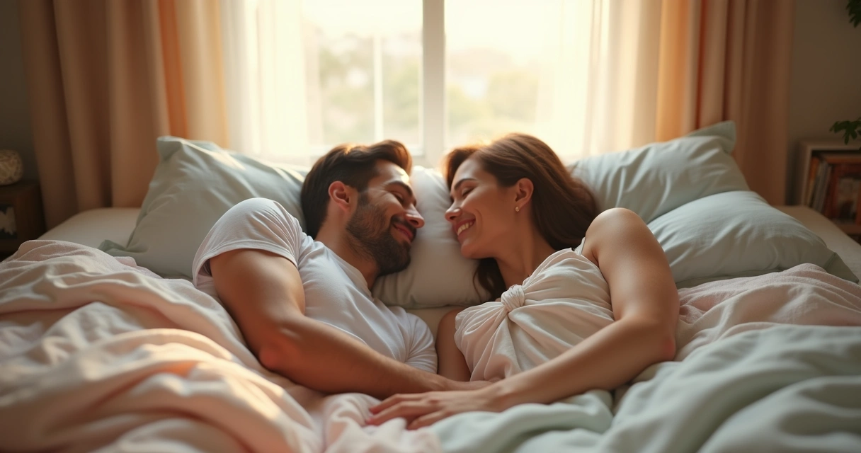 Casal de mãos dadas deitados na cama 