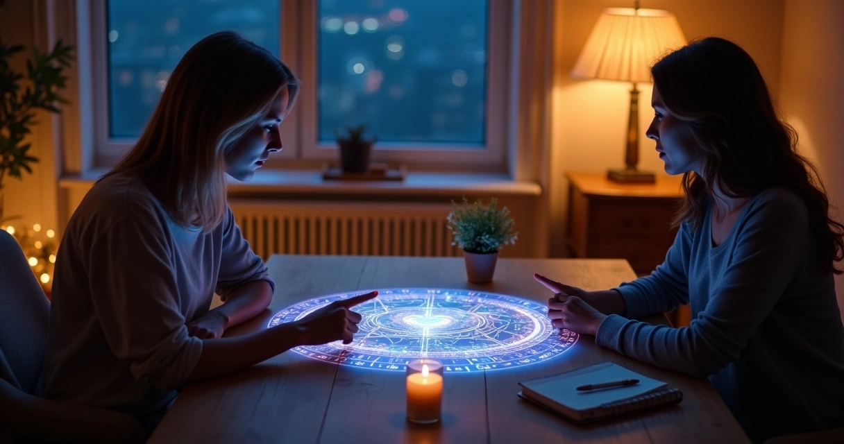 Casal observando dois mapas astrais sobrepostos em formato de coração 