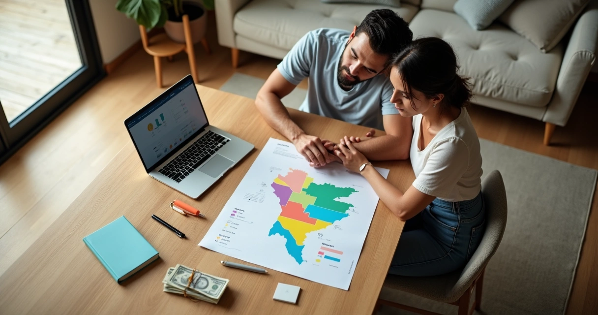 Casal brasileiro analisando mapa financeiro colorido em notebook e papel sobre a mesa 