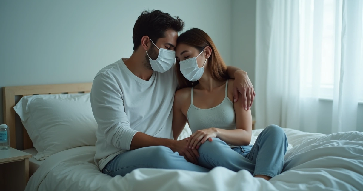 Casal usando máscaras médicos sentados na cama na pandemia