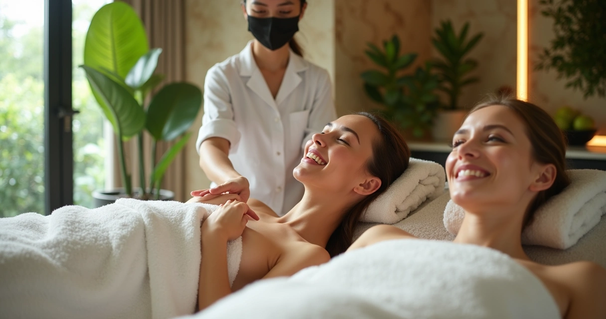Casal recebendo massagem relaxante lado a lado em ambiente de spa com luz natural