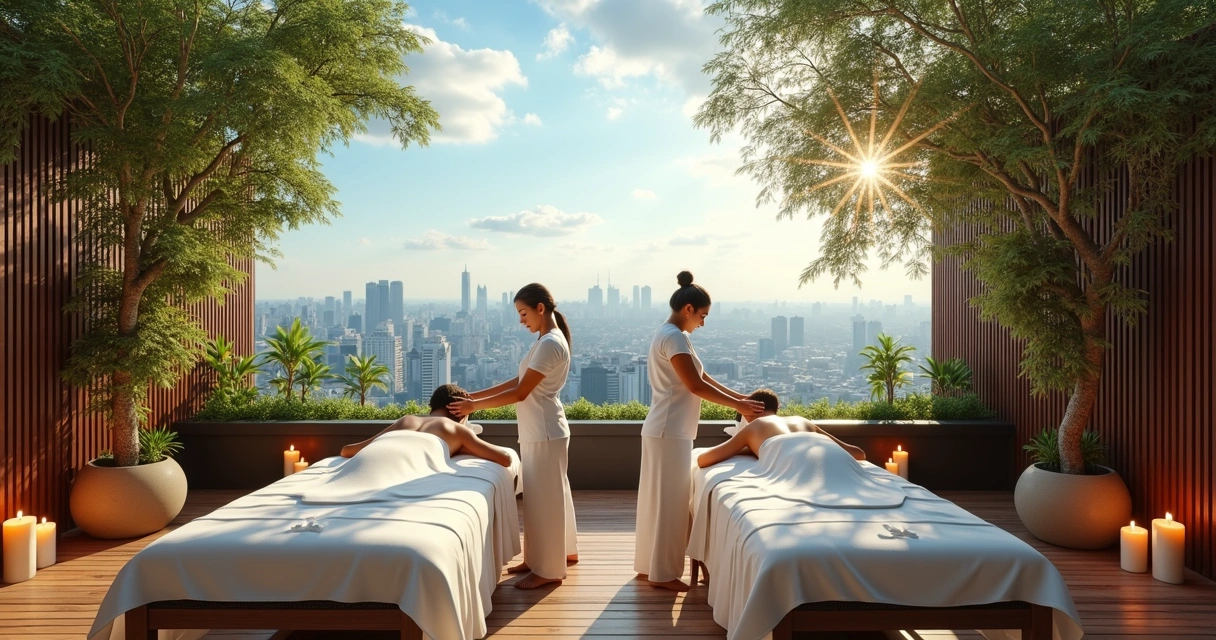 Casal recebendo massagem em rooftop ao ar livre com vista para natureza 