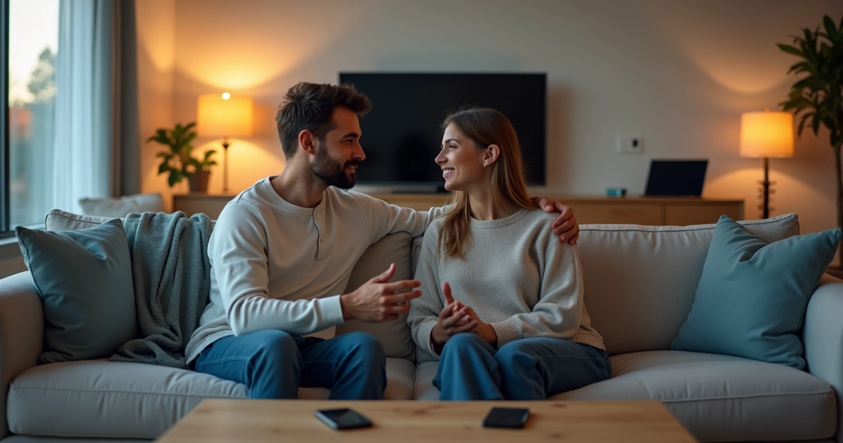 Casal no sofá conversando com celulares na mesa ao lado 