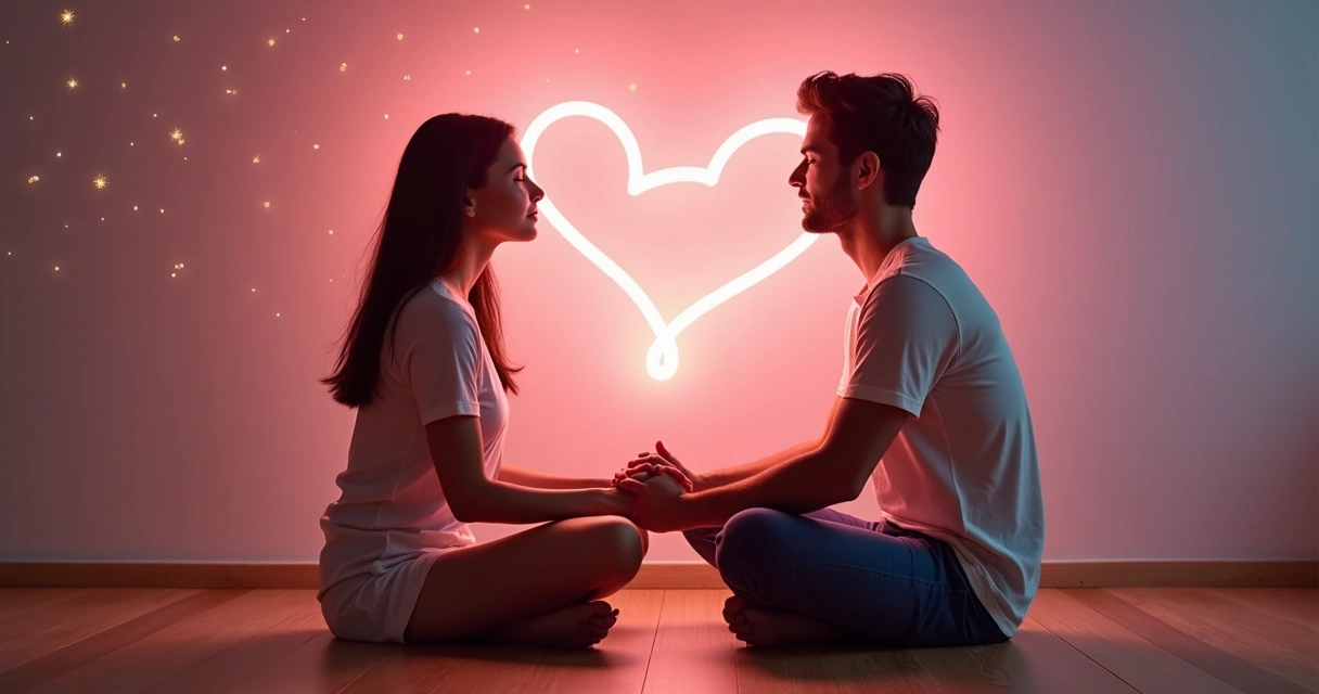 Casal de mãos dadas sentado meditando com corações brilhantes flutuando ao redor 