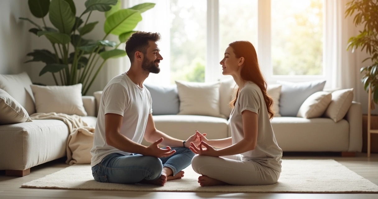 Casal sentado de pernas cruzadas praticando meditação juntos em casa