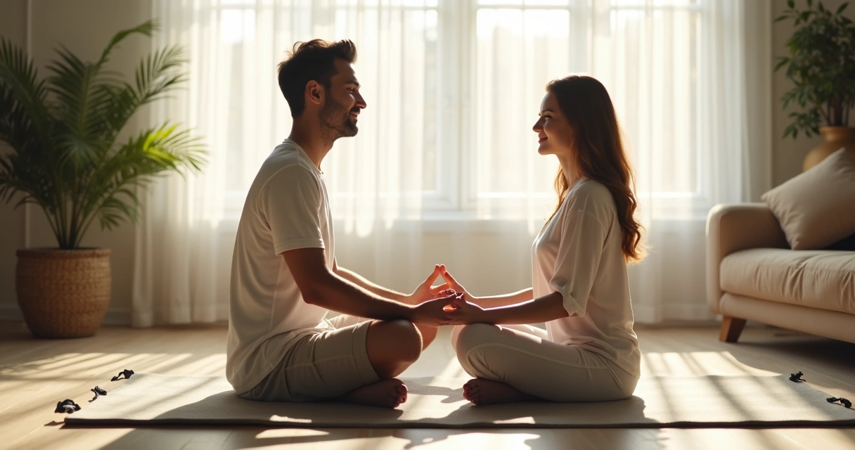 Casal sentado em tapete de meditação, olhos fechados, mãos unidas sobre os joelhos, luz suave entrando pela janela 