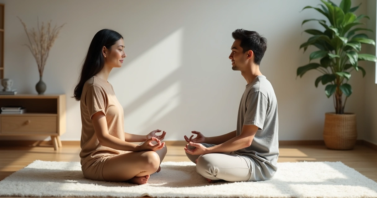 Casal sentado de frente um para o outro em meditação em sala iluminada 