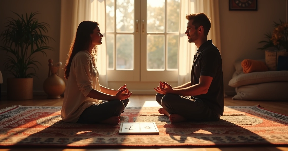 Casal jovem meditando junto com cartas do baralho cigano à frente 
