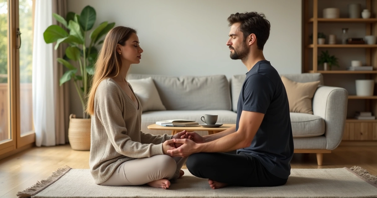 Casal sentado no sofá em postura de meditação dando as mãos 