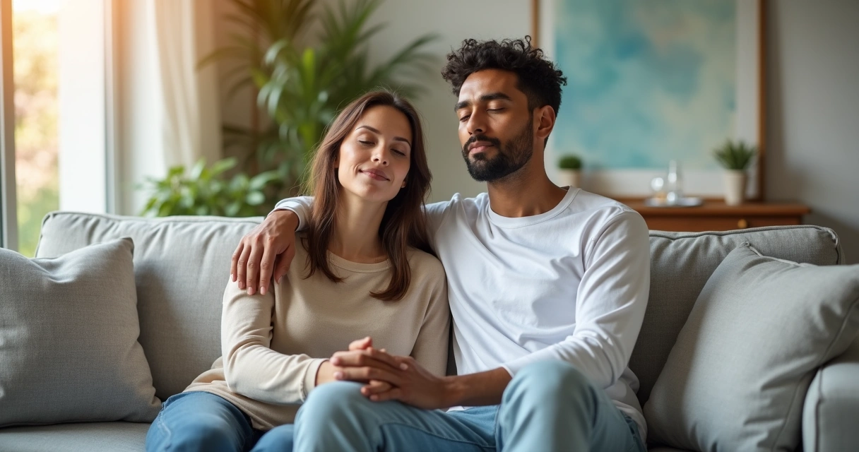 Casal sentado no sofá praticando mindfulness juntos em casa 
