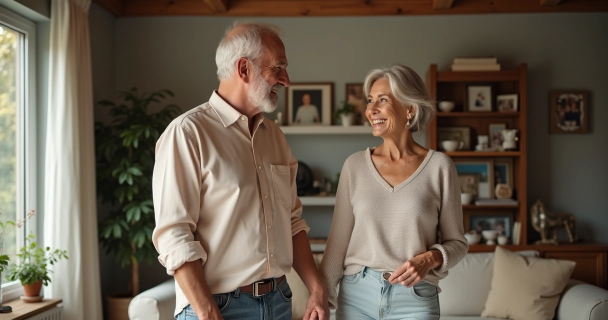 Casal de meia-idade sorrindo de mãos dadas na sala