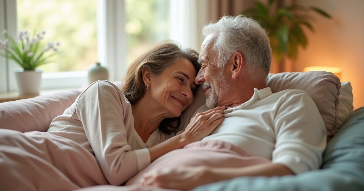 Casal maduro deitado na cama trocando carinho, ambiente aconchegante.