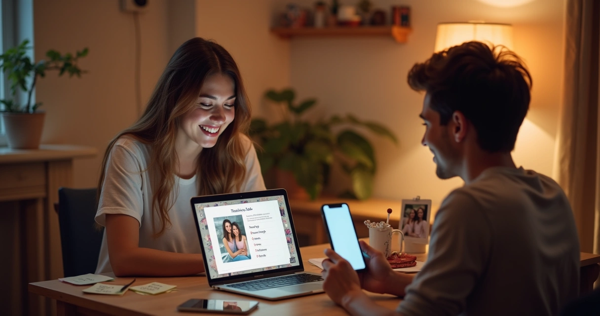Jovem casal em relacionamento à distância trocando presentes digitais pelo computador e celular 