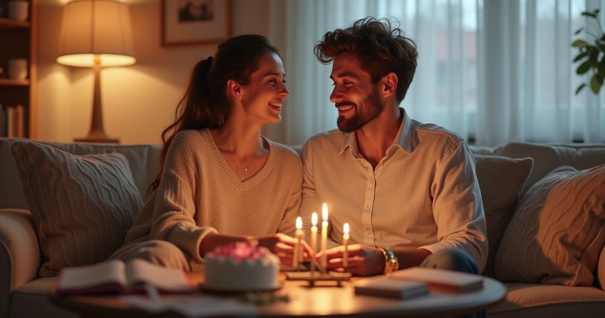 Casal sorrindo trocando presentes no sofá com velas acesas na mesa 