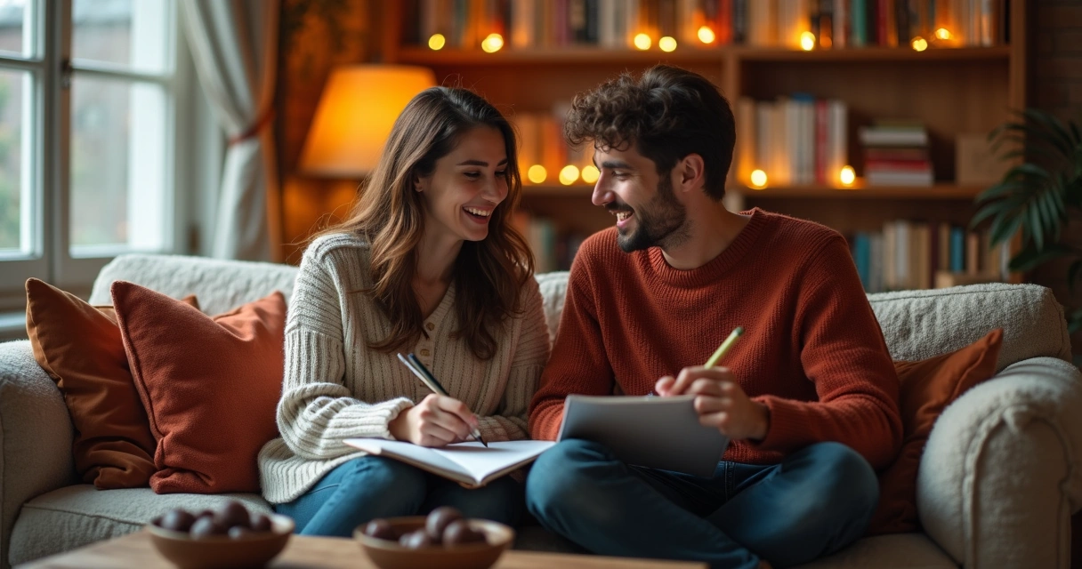 Casal sentado juntos rindo enquanto escreve uma história 