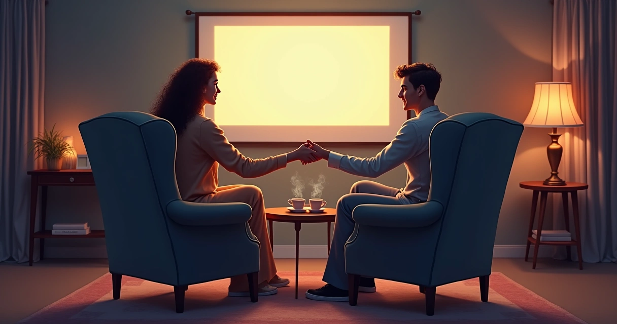 Casal de mãos dadas assistindo filme antigo, clima romântico e iluminação suave 