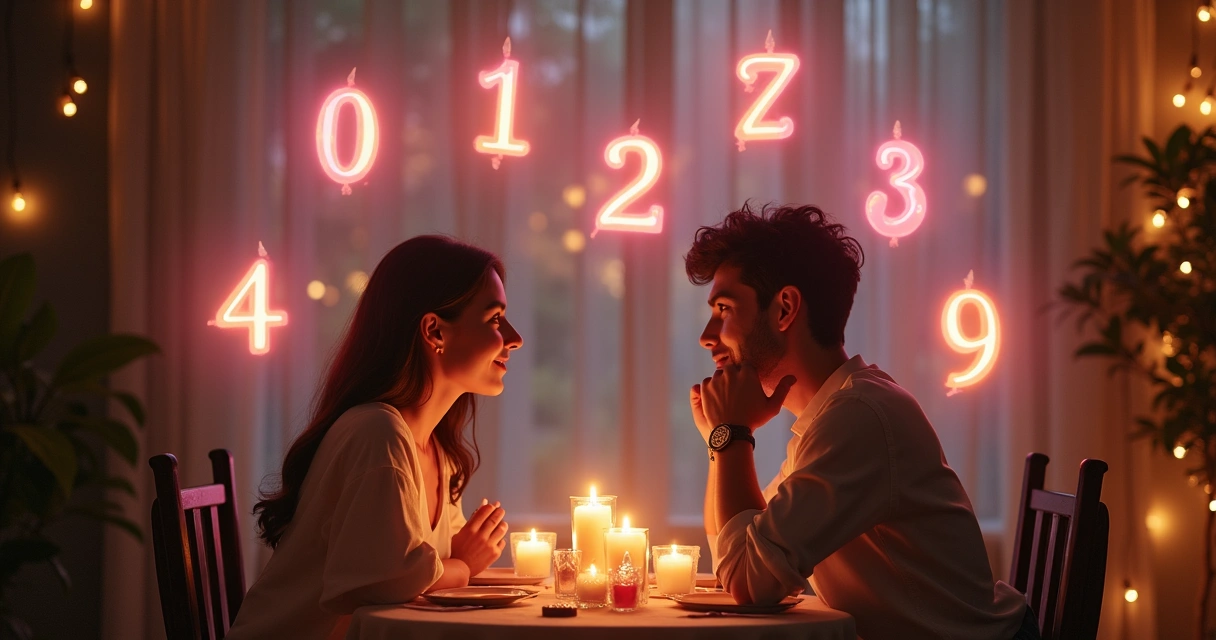 Casal sorrindo junto com luz suave de velas e números flutuando ao redor 