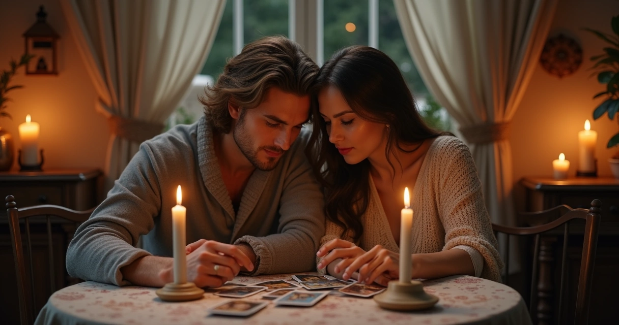 Casal sentado de frente para cartas de tarot numa mesa 