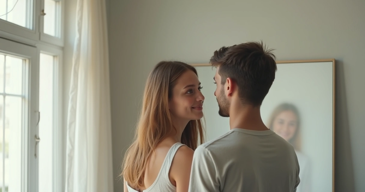 Casal jovem olhando para espelho grande