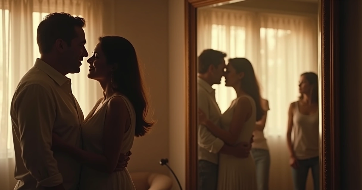 Casal olhando juntos para um espelho, vendo silhuetas de familiares refletidas 