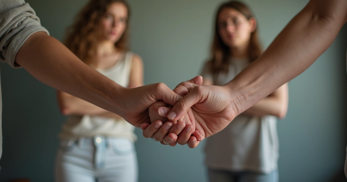 Casal de mãos dadas olhando para longe, com expressão de insegurança, em um cenário neutro. 