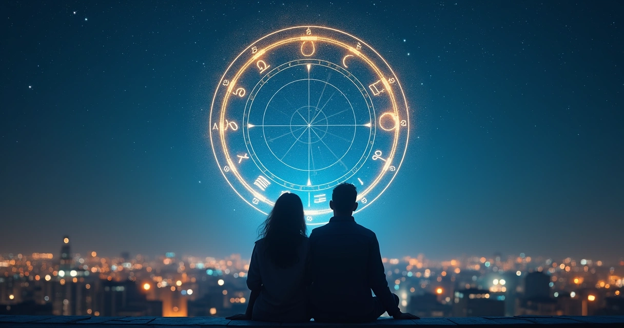 Casal observando mapa astral luminoso em céu estrelado 