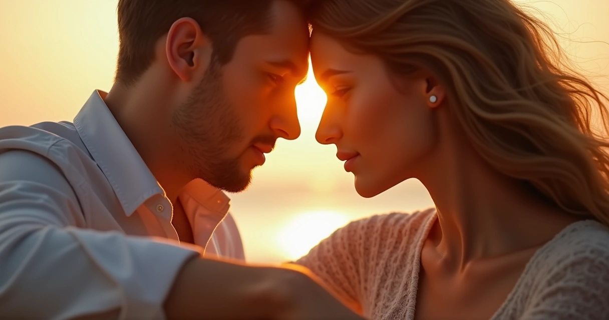 Casal olhando nos olhos, fundo desfocado 