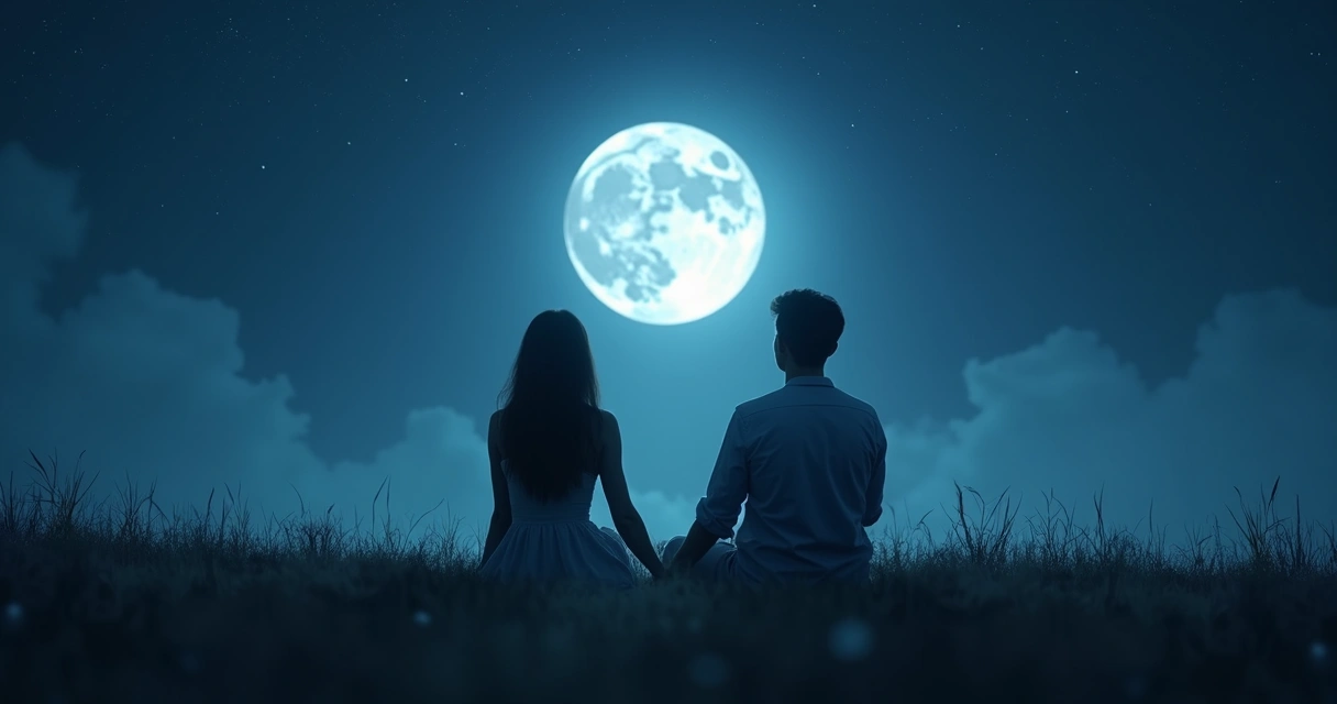 Casal observa céu estrelado com lua cheia 