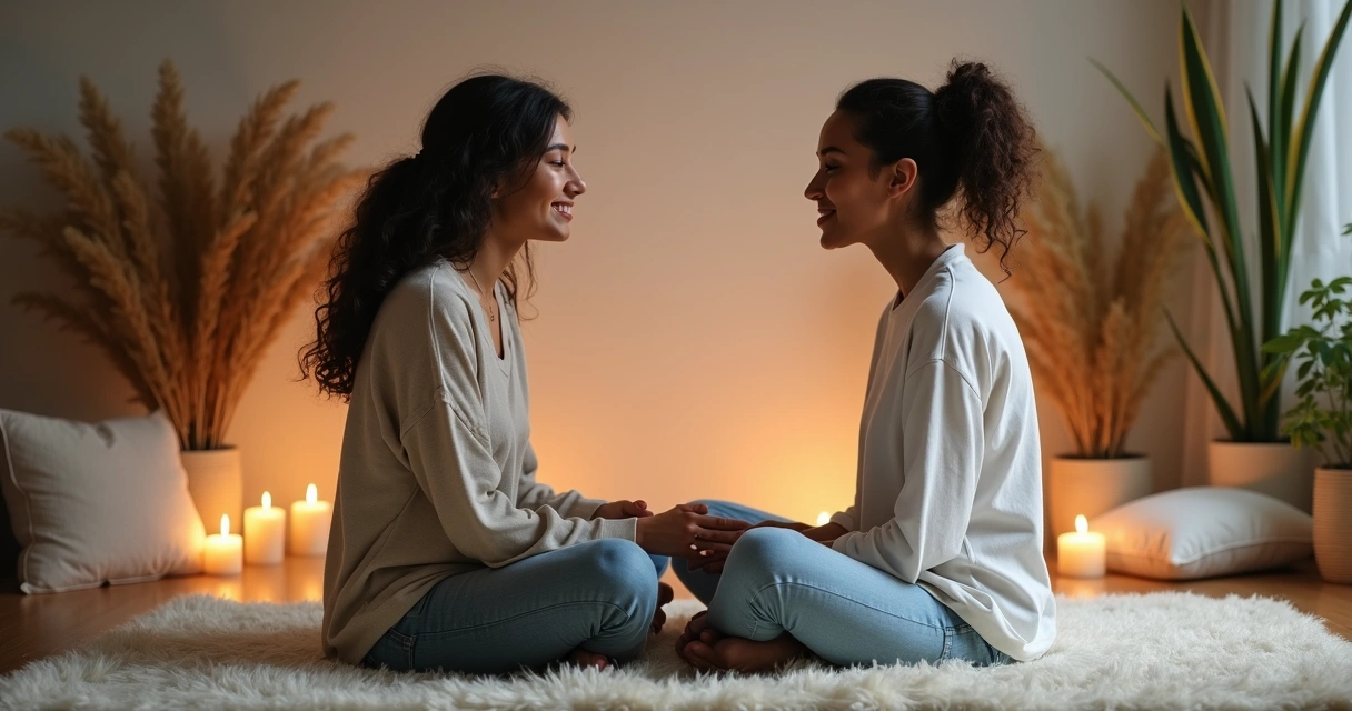 Dois parceiros sentados frente a frente, olhos nos olhos, expressão serena, ambiente tranquilo 