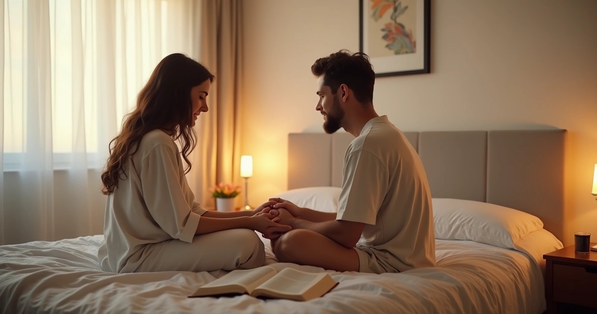 Casal sentado na cama ao amanhecer de mãos dadas em oração 