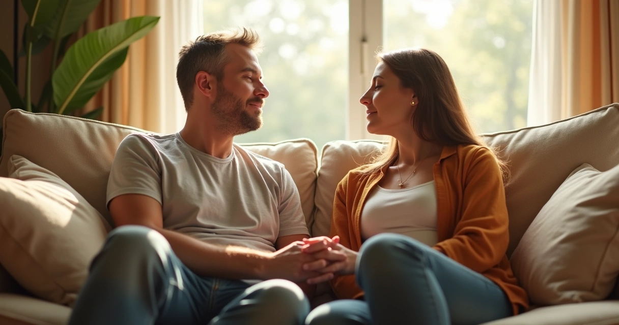 Casal de mãos dadas orando sentados juntos no sofá 