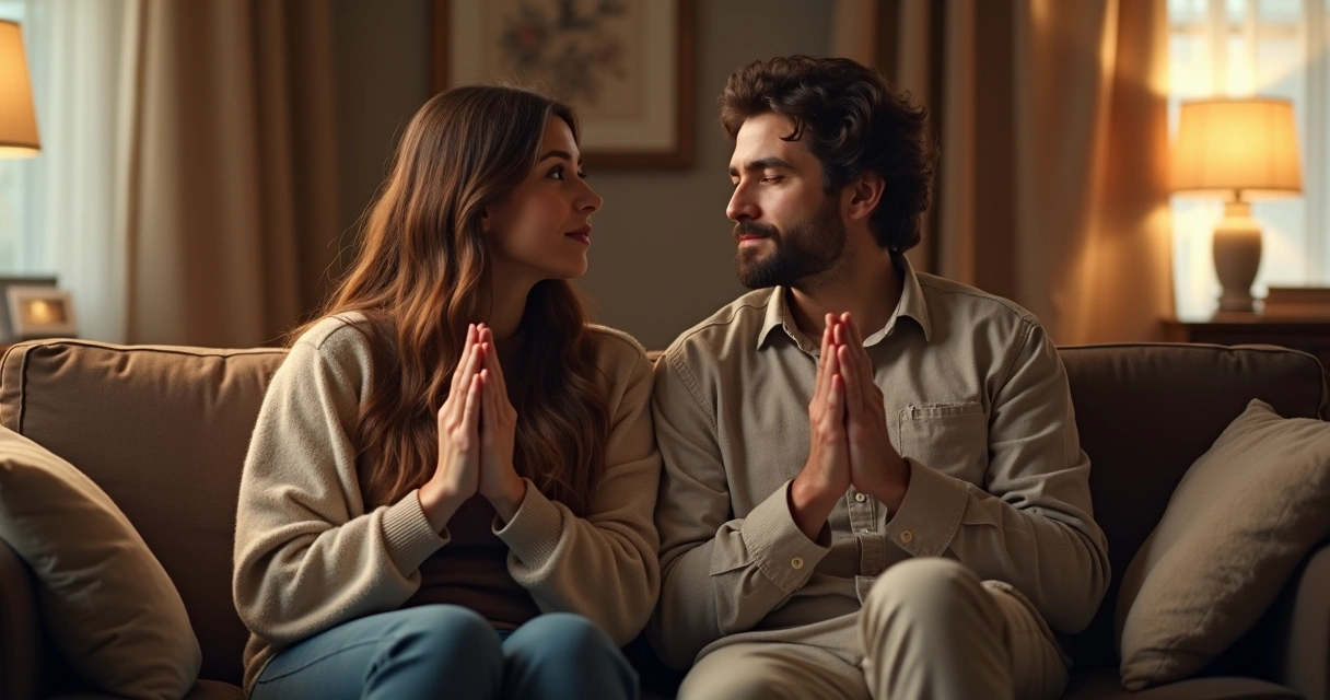 Casal de mãos dadas orando juntos em um ambiente acolhedor 