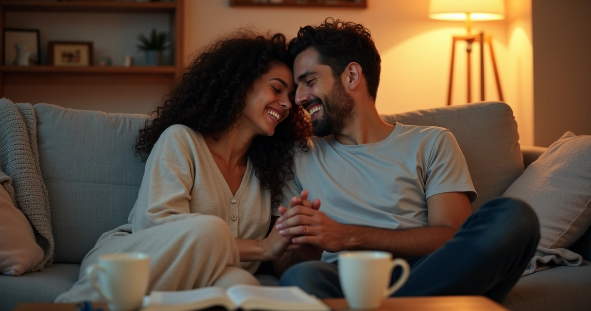 Casal sentado no sofá rindo juntos e orando de mãos dadas 