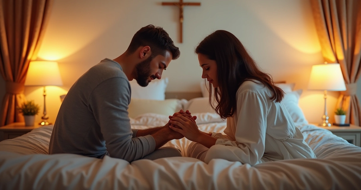 Casal de mãos dadas em oração sentados na cama 