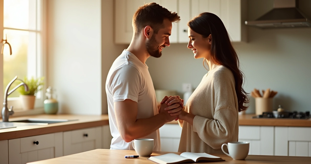 Casal cristão de mãos dadas agradecendo em oração na cozinha iluminada pela manhã 
