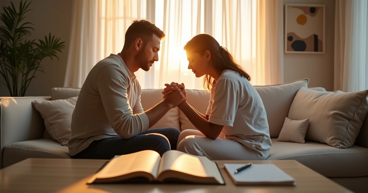Casal segurando as mãos orando juntos em casa ao pôr do sol 