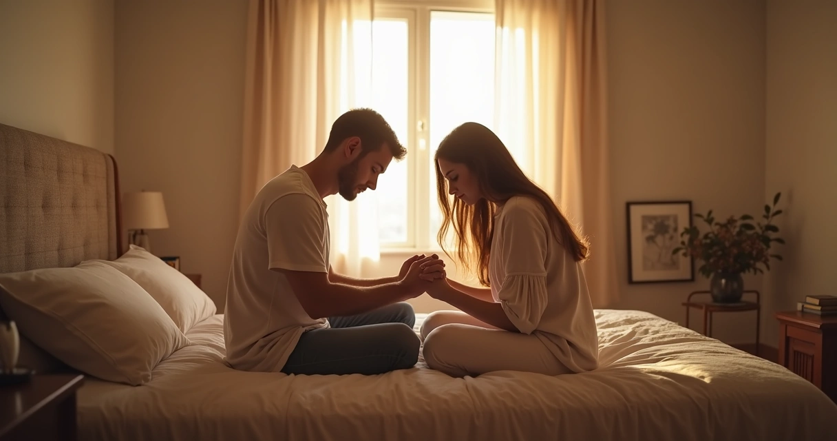 Casal de mãos dadas orando juntos sentados na cama, com uma luz suave entrando pela janela 