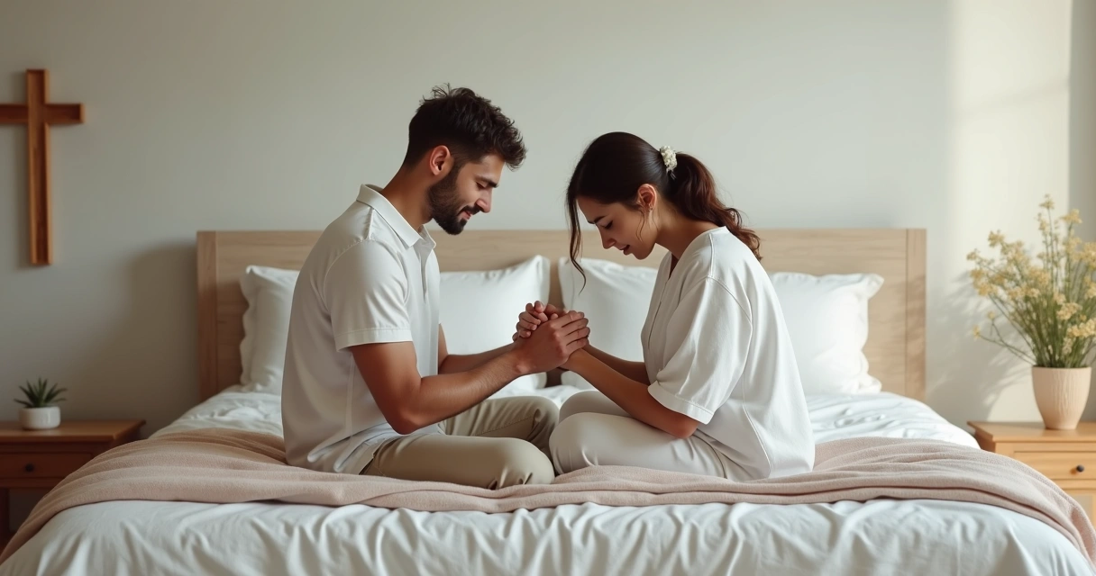 Casal de mãos dadas orando juntos sentados na cama 