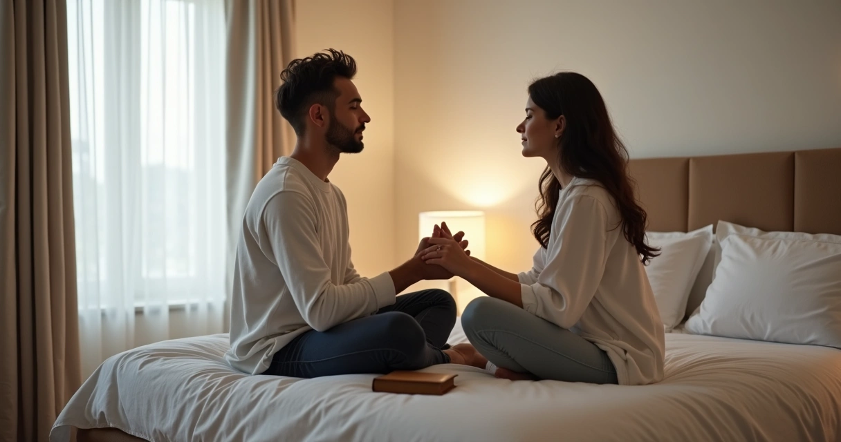 Casal sentado na cama de mãos dadas orando juntos 