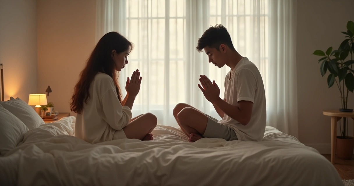 Casal orando juntos sentados na cama 